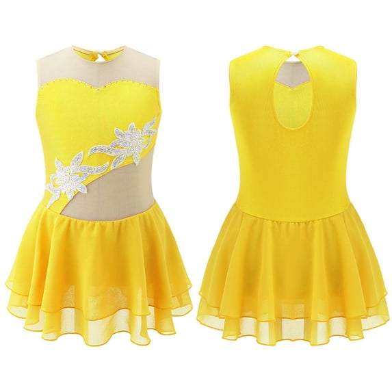 DPOIS Kids Girls Sequins Figure Ice Skating Dress Sleeveless Floral Tulle Dance Dress