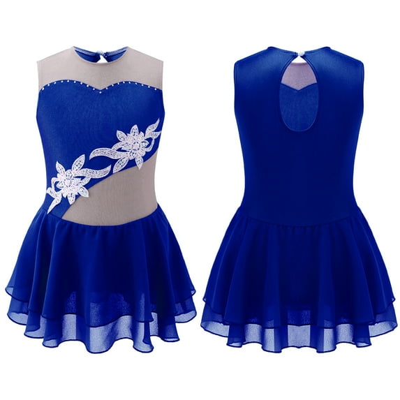 DPOIS Kids Girls Sequins Figure Ice Skating Dress Sleeveless Floral Tulle Dance Dress