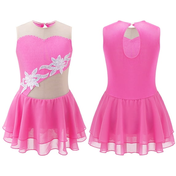 DPOIS Kids Girls Sequins Figure Ice Skating Dress Sleeveless Floral Tulle Dance Dress