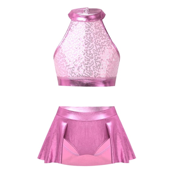 DPOIS Kids Girls Sequins Halter Sports Crop Top with Skirted