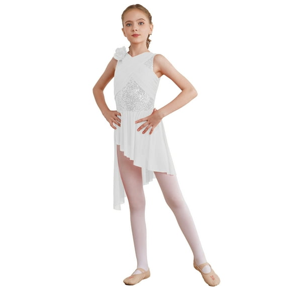 DPOIS Kids Girls Sequins Sleeveless Lyrical Dance Dress Tulle Skirt Leotard White 16