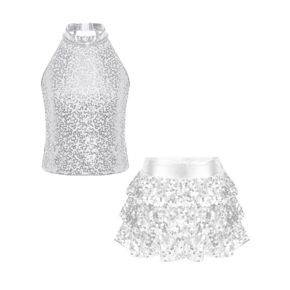 DPOIS Kids Girls Sequins Sleeveless Tank Top with Mini Skirt Set Silver 14