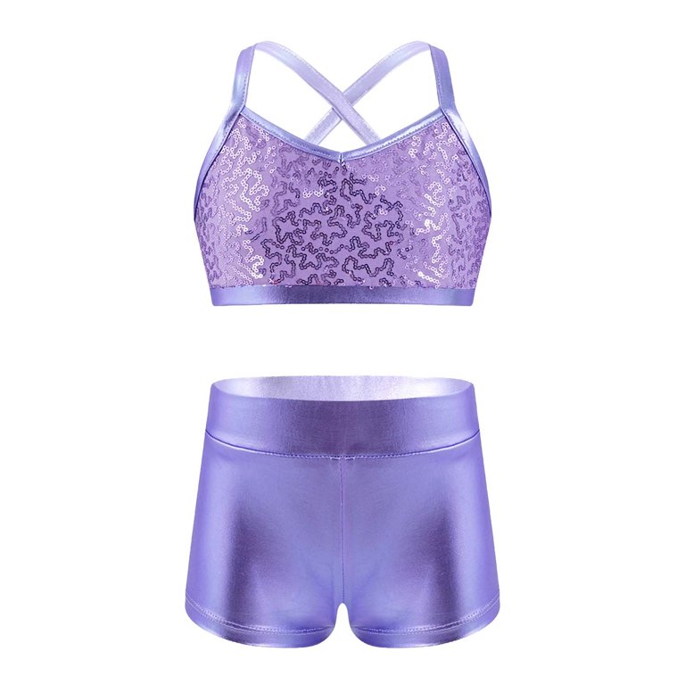 DPOIS Kids Girls Sequins Sports Dance Outfit Crop Top Booty Shorts