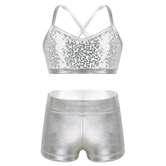 DPOIS Kids Girls Sequins Sports Dance Outfit Crop Top Booty Shorts Silver 7-8