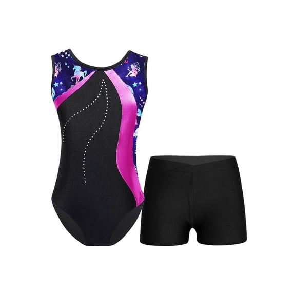 DPOIS Kids Girls Shiny Metallic Gymnastics Leotard with Shorts Navy Blue&Hot Pink 3-4