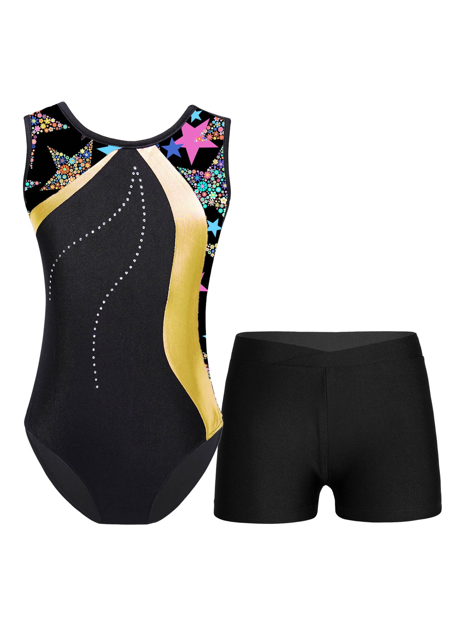 DPOIS Kids Girls Shiny Metallic Gymnastics Leotard with Shorts Yellow 3