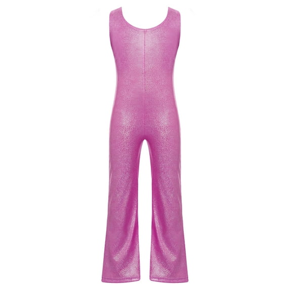 DPOIS Kids Girls Shiny Metallic Jumpsuit Performance Costume Hot Pink 2-3