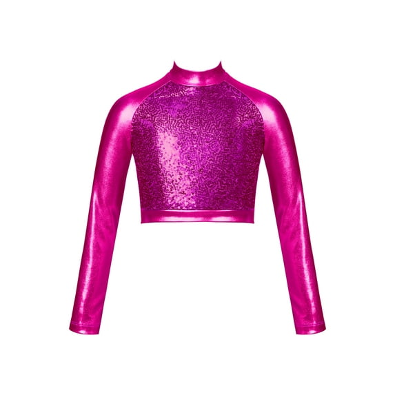 DPOIS Kids Girls Shiny Metallic Sequins Long Sleeve Hip Hop Jazz Dance Crop Top Hot Pink 6