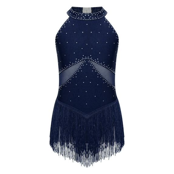 DPOIS Kids Girls Shiny Rhinestone Fringe Bodysuit Jazz Costume Navy Blue 8