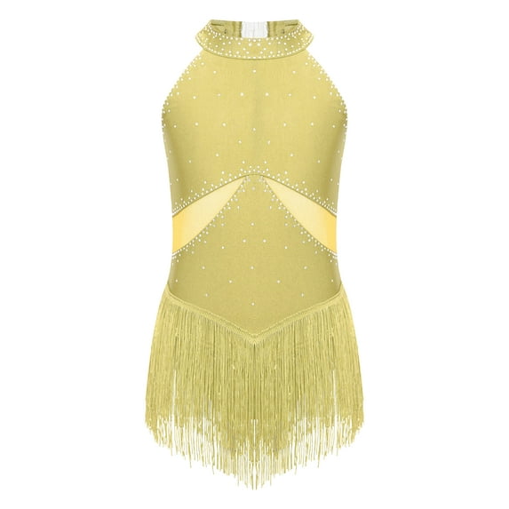 DPOIS Kids Girls Shiny Rhinestone Fringe Bodysuit Jazz Costume Yellow 16