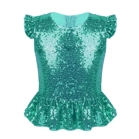 DPOIS Kids Girls Shiny Sequin Ruffle Hem Dance T-shirt Peplum Crop Top Lake Green 10