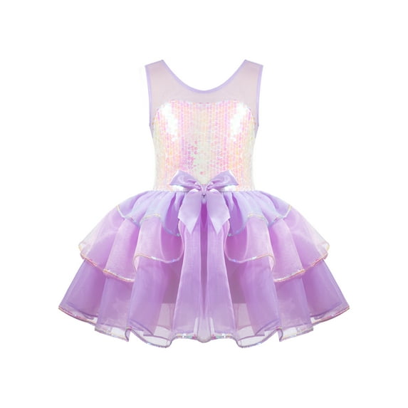 DPOIS Kids Girls Shiny Sequins Ballet Dance Tutu Dress Gymnastics Skirted Leotards Lavender 12