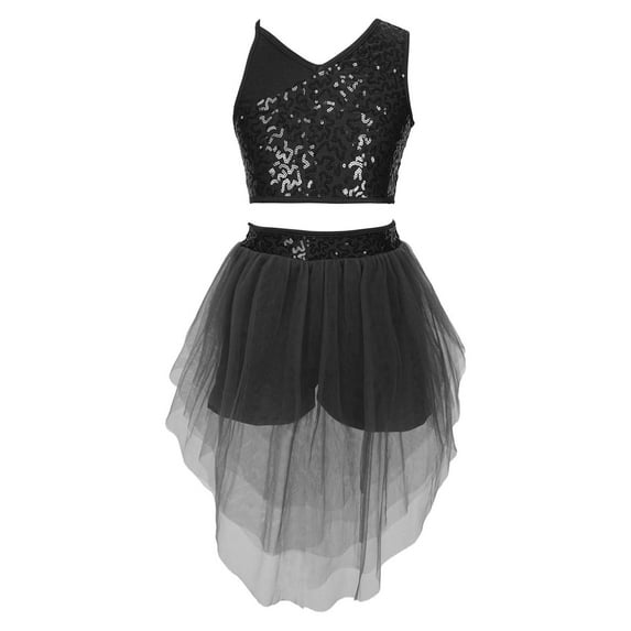 DPOIS Kids Girls Shiny Sequins Ballet Latin Modern Dance Outfit Crop Top Mesh Skirt