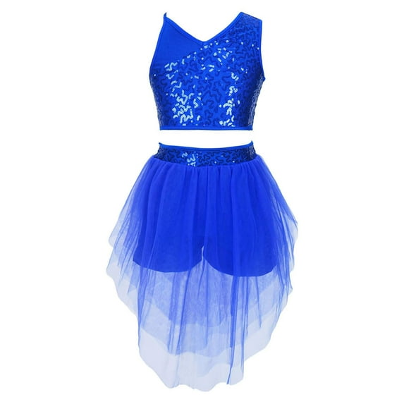 DPOIS Kids Girls Shiny Sequins Ballet Latin Modern Dance Outfit Crop Top Mesh Skirt
