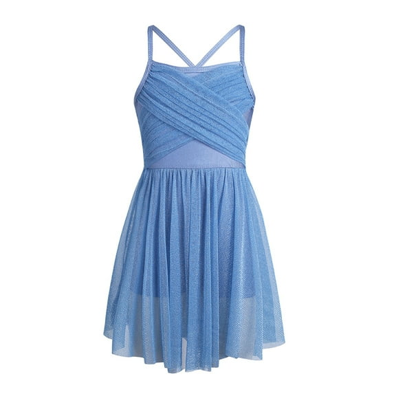 DPOIS Kids Girls Shiny Sequins Gymnastic Ballet Leotard Dress Dancewear Light Blue 14