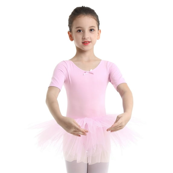 DPOIS Kids Girls Short Sleeve Ballerina Ballet Dance Leotard Dress Pink 3-4