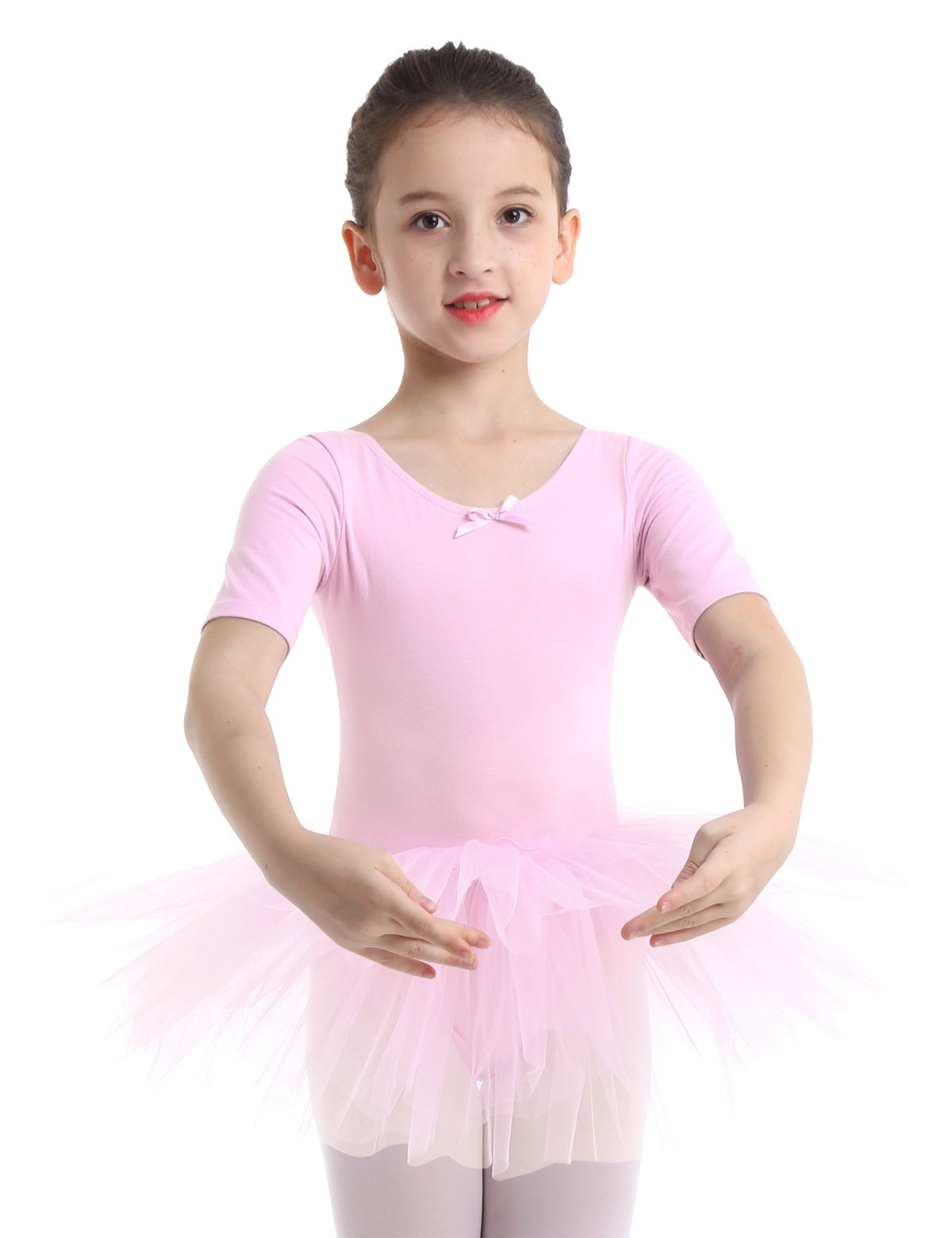 DPOIS Kids Girls Short Sleeve Ballerina Ballet Dance Leotard Dress Pink 5-6