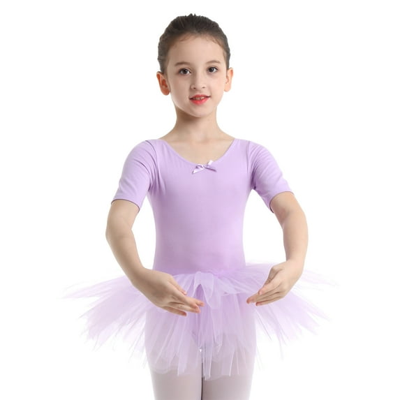 DPOIS Kids Girls Short Sleeve Ballerina Ballet Dance Leotard Dress Purple 7-8