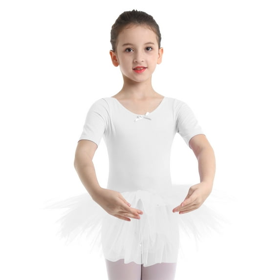 DPOIS Kids Girls Short Sleeve Ballerina Ballet Dance Leotard Dress White 5-6