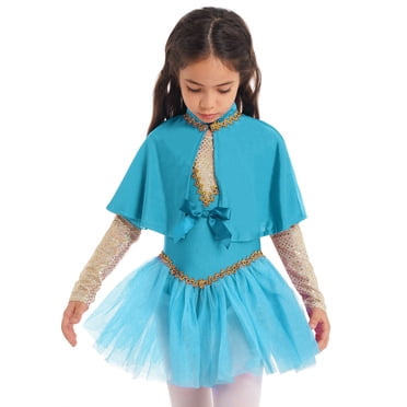 Kids Girls Showman Costume Set – Glitter Mesh Leotard Dress, Cape, & Arm Sleeves