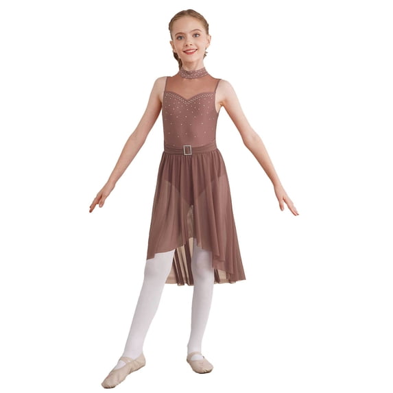 DPOIS Kids Girls Sleeveless Mock Neck Figure Skating Dress Ballet Leotard Lyrical Dance Costume Brown 10