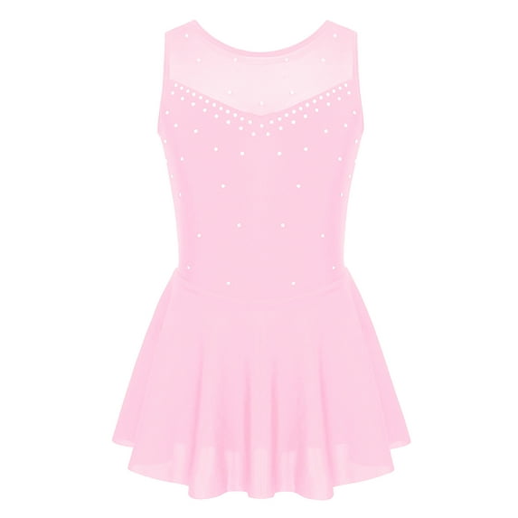 DPOIS Kids Girls Sleeveless Sparkly Rhinestone Ballet Leotard Dress Pink 14