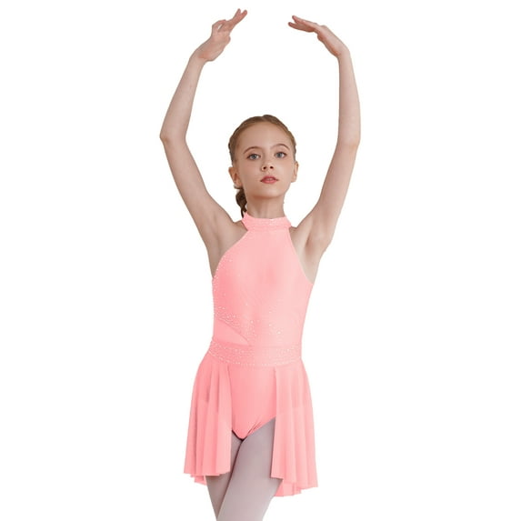 DPOIS Kids Girls Sparkle Halter Neck Sleeveless Leotards Lyrical Ballet Dance Dress Pink 16