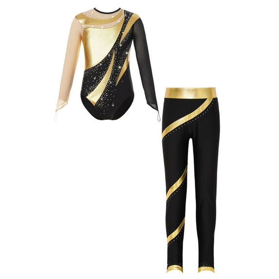DPOIS Kids Girls Sparkle Long Sleeve Gymnastics Ballet Dance Leotard Bodysuit Unitard with Pants Gold 16