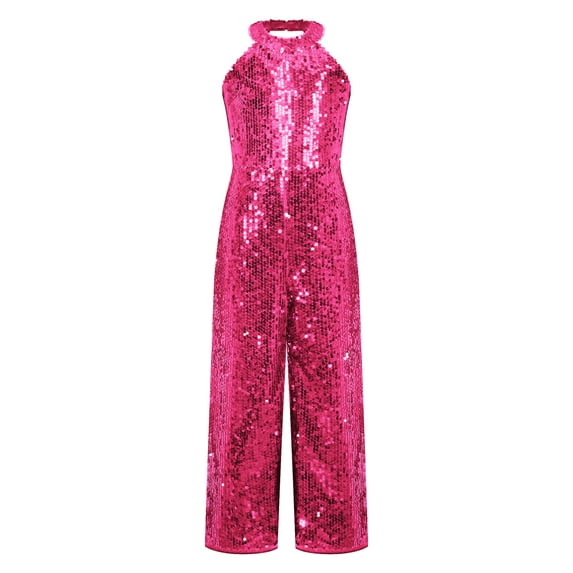 DPOIS Kids Girls Sparkly Halter Neck Jumpsuit Sleeevelees Pageant Romper Hot Pink 14