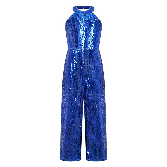 DPOIS Kids Girls Sparkly Halter Neck Jumpsuit Sleeevelees Pageant Romper Royal Blue 14