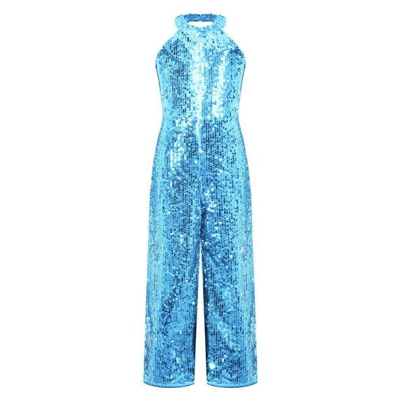 DPOIS Kids Girls Sparkly Halter Neck Jumpsuit Sleeevelees Pageant Romper Sky Blue 14