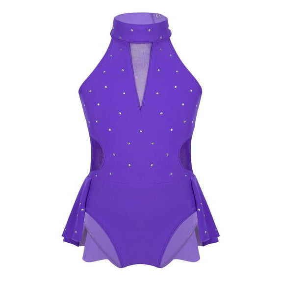 DPOIS Kids Girls Sparkly Rhinestone Gymnastics Bodysuit Ballet Leotard Dress Purple 12