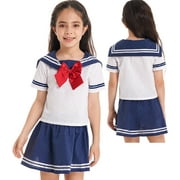 DPOIS Kids Girls Stundent JK Sailor Uniform Short Sleeve Shirt Blouse Top Skirt
