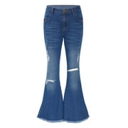 DPOIS Kids Girls Teens Jean Pants Ripped Denim Bell-bottom Long Pants Blue 12