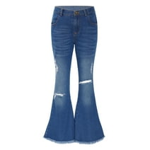 DPOIS Kids Girls Teens Jean Pants Ripped Denim Bell-bottom Long Pants Blue 14