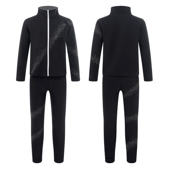 DPOIS Kids Girls Trakcsuit Rhinestone Jacket with Pants Sports Set Black 10