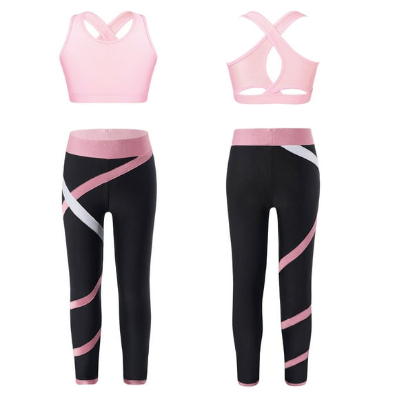DPOIS Kids Girls Workout Outfit Criss Cross Back Tops with Leggings for Yoga Sports Pink 6