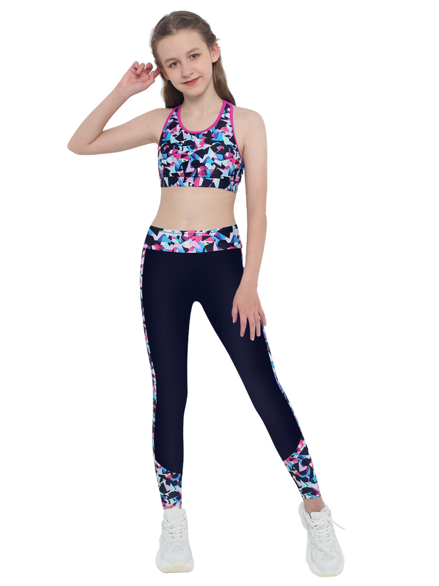 iiniim Kids Girls 3Piece Yoga Dance Gymnastics Tracksuit Long Sleeve Crop  Top Sports Bra and Leggings Sportwear Set 