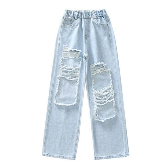 DPOIS Kids High Waisted Ripped Jeans Girls Casual Loose Fit Distressed Denim Pants Blue 8-9