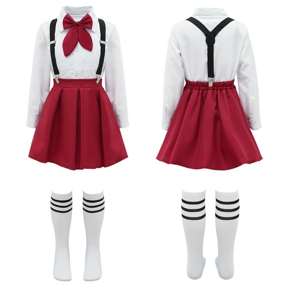 DPOIS Kids Japanese School Girls Uniform Dress Shirts Suspender Skirt Set with Socks