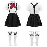 DPOIS Kids Japanese School Girls Uniform Dress Shirts Suspender Skirt Set with Socks