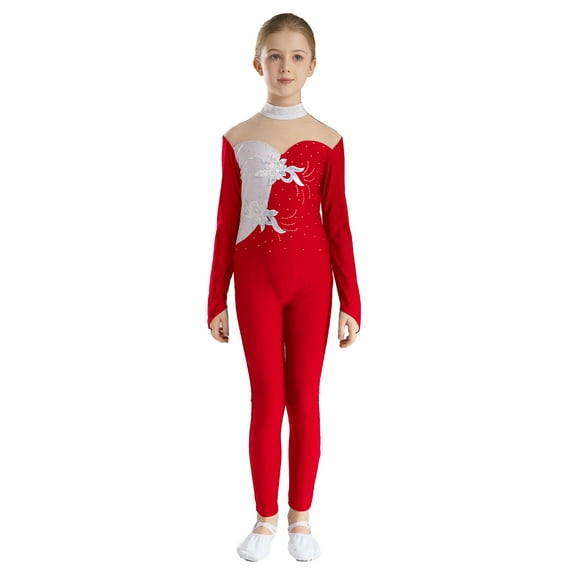 DPOIS Kids Long Sleeve Gymnastics Ballet Dance Jumpsuit Full Body Unitard Burgundy 14