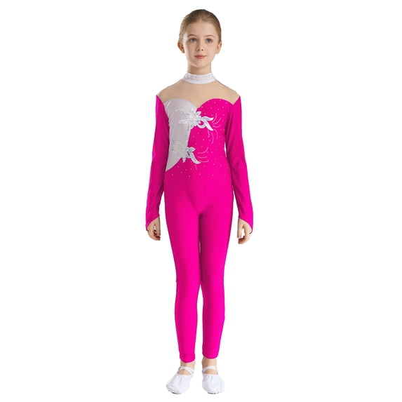 DPOIS Kids Long Sleeve Gymnastics Ballet Dance Jumpsuit Full Body Unitard Hot Pink 10