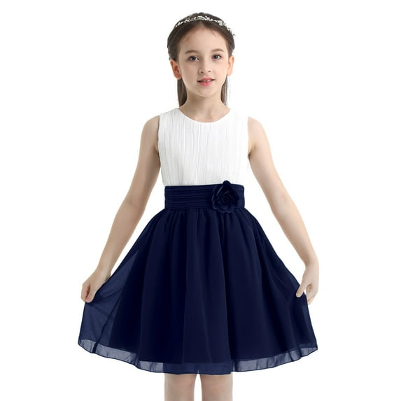 DPOIS Kids Sleeveless Pleated Flower Girl Dress Wedding Party Formal Dress White&Navy Blue 8