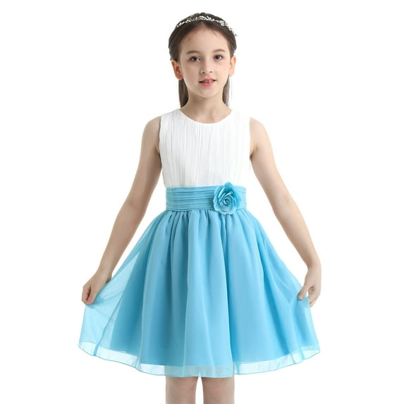 DPOIS Kids Sleeveless Pleated Flower Girl Dress Wedding Party Formal Dress White&Sky Blue 8