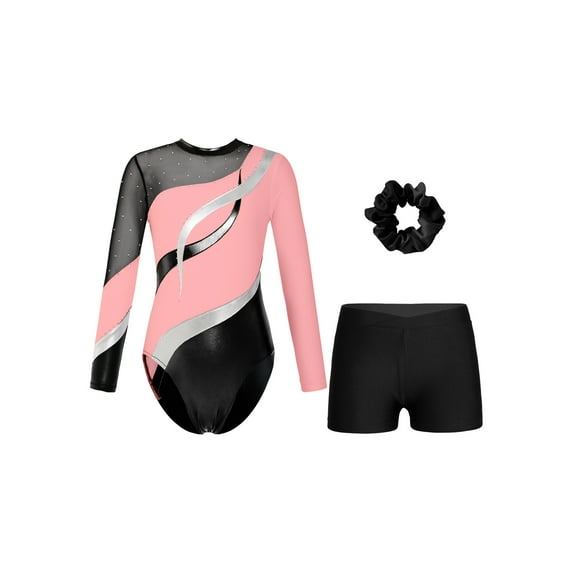 DPOIS Long Sleeve Gymnastics Leotard for Kids Girls Pink&Black 16