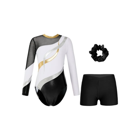 DPOIS Long Sleeve Gymnastics Leotard for Kids Girls White&Black 14