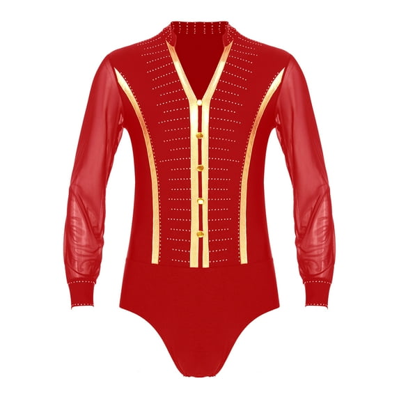DPOIS Men's Latin Salsa Ballroom Dance Leotard Bodysuit Performance Costume Red L