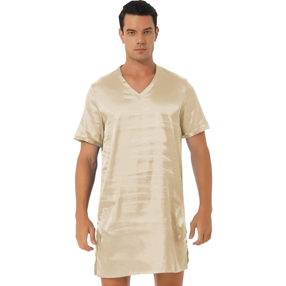 DPOIS Men's Night Shirt V Neck Short Sleeve Sleep Shirt Comfy Sleepwear Loungewear Light Apricot XXL