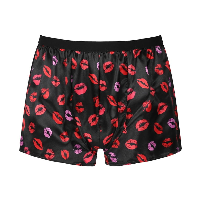DPOIS Men's Satin Boxer Shorts Underwear Swim Trunks Sleep Lounge Shorts  Pajamas Lip Black 3XL